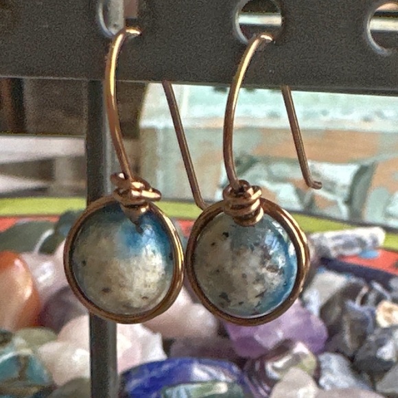K2 jasper sphere drops long dangle earrings grounding/third eye chakra brass - Picture 1 of 5